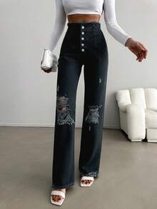 SHEIN Cottnline Vaqueros De Pierna Recta Desgastados - Negro - Ver 3