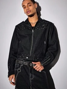 ROMWE MEN Street Life Men's Street Fashion Rivet Zipper Denim Jacket - Black - View 6