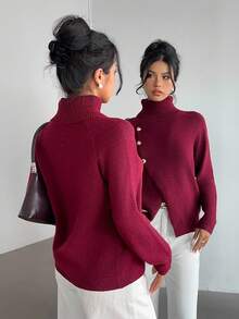 SHEIN Elenzya Women's Elegant High Neck Knit Pullover With Metal Button Decor, Solid Color Long Sleeve Christmas Red Sweater, Autumn/Winter - Burgundy - View 2