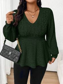 SHEIN LUNE Suéter minimalista casual con volantes en el bajo, talla grande, otoño - Verde Oscuro - Ver 3