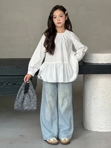 Dazy Kids Tween Girls Round Neck Long Sleeve Woven Shirt - White - View 2