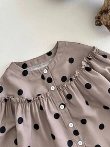 SHEIN 女童可爱波尔卡圆点印花泡泡袖休闲衬衫，适合日常外出、聚会和户外活动