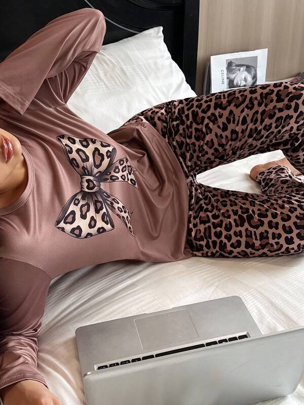 Set pigiama casual da donna con stampa leopardata e fiocco, abbigliamento autunnale