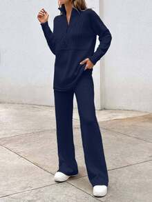 EURMUSE Elegant Cable Knit Sweater With Zipper & Sweater Pants Co-Ords - Navy Blue - View 5