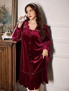PalaceNights Plus Size Women's Vintage Velvet Nightgown, Palace Style Lace Patchwork Ruffle Trim Open Front Long Dress, Autumn/Winter Night Gown Women Plus Size Night Dress Plus Size Night Gown Plus Size Curve Velvet Dress For Women, Moo Moo Night Dress - Burgundy - View 1