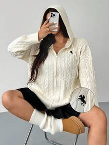 SHEIN EZwear Plus Size Casual Fashionable Versatile Zip-Up Long Sleeve Hooded Cardigans Knitwear Hooded Sweater Zip Up Sweater Cable Knit Sweater In Fall/Winter
