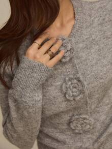 ATUI Studio 灰色复古 3D 花卉开衫，长袖针织毛衣外套，时尚，简约，百搭，休闲风格，宽松版型，女士秋季外套 - 灰色 - 查看 5