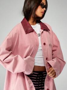 MISSGUIDED Oversized Barn Jacket Retro Style Denim Jacket Button Front Cotton Canvas Workwear Fall Winter Outerwear With Burgundy Leather Collar - Multicolor - View 8