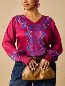 SHEIN VCAY Áo cánh dài tay cổ chữ V in hoa satin thanh lịch cỡ lớn dành cho nữ - Màu đỏ tím - Xem 6