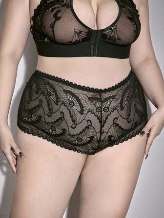 ROMWE Avant Plus Size Romantic Lace Sheer Heart Metallic Sexy Panties