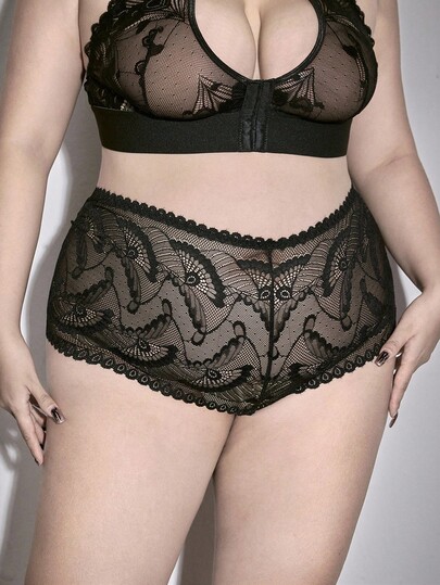 ROMWE Avant Plus Size Romantic Lace Sheer Heart Metallic Sexy Panties