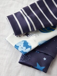 6 Stücke/Set Baby Jungen Schlafanzug Set, süßer Weltraum Planet & gestreifter Allover-Muster Langarm-Oberteil und Hose, lässige Herbst/Winter Pyjamas