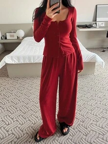 DAZY Women Fleece Knit Fitted Top And Loose Pajama Pants Set, Autumn/Winter Loungewear, Cozy Outfit, Fall Clothes - Red - View 3