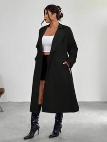 Firerie Elegant Design Waist Cinched A-Line Long Sleeve Windbreaker Jacket, Autumn/Winter - Black - View 8