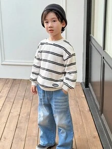 Genkimix Kids Young BoyClassic Black & White Striped Fleece Crew Neck Sweatshirt Paired With Loose Straight Leg Jeans Pants Set, Autumn/Winter Fall