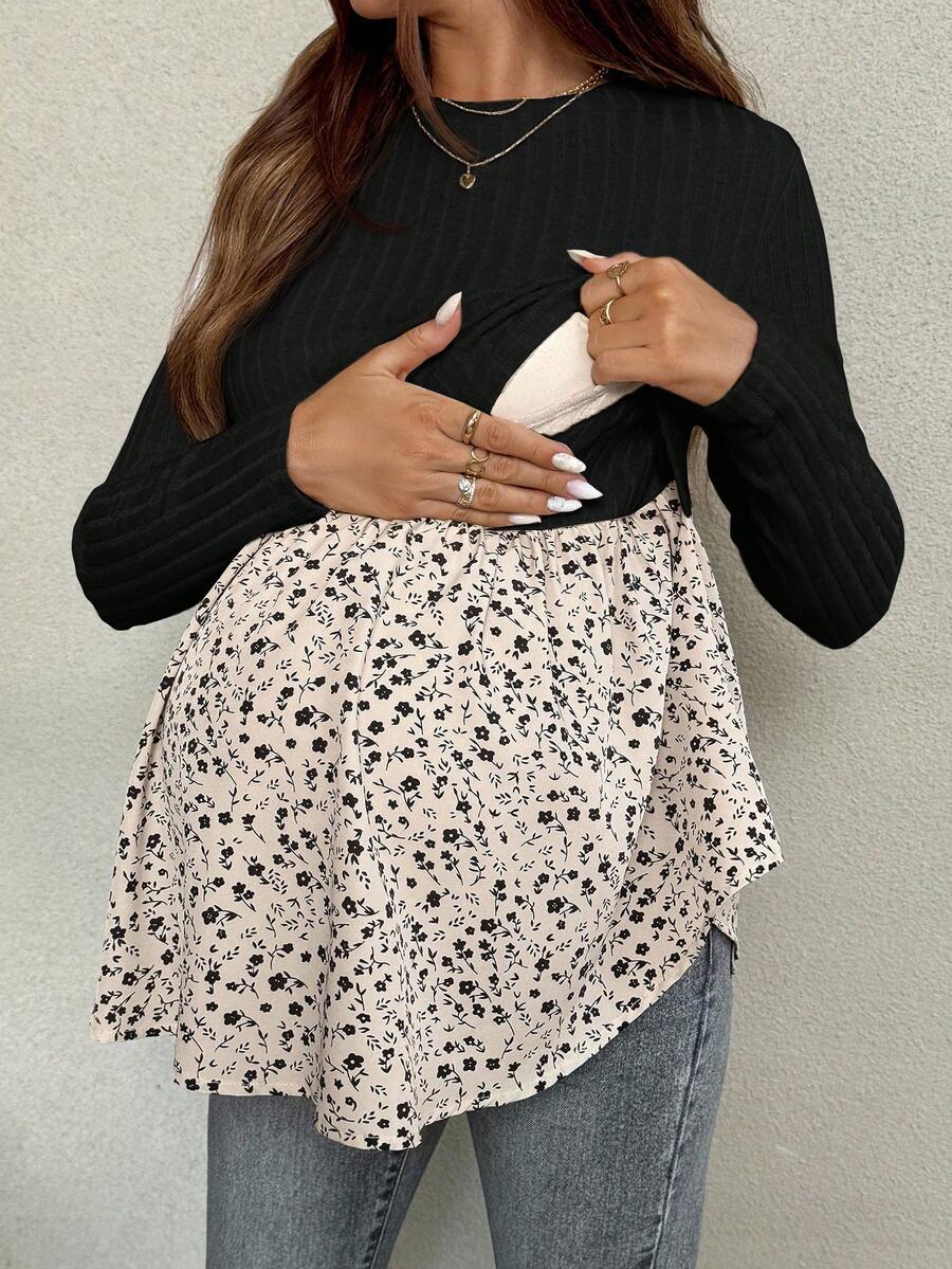 SHEIN Áo thun tay raglan họa tiết hoa đơn giản cho bà bầu và cho con bú - Đen và trắng - Xem 1
