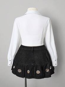 Sunspun 大码女式前卫街头风镂空设计黑色无弹力牛仔迷你裙 - 黑色 - 查看 2