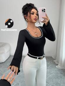 SHEIN Elenzya Bộ đồ liền thân tay loe đính ngọc trai giả màu đen thanh lịch dành cho nữ - màu đen - Xem 1