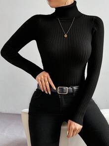 RosyDaze Solid Color Basic Minimalist Turtleneck Sweater, Casual For Autumn/Winter - Black - View 4