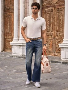 Manfinity VCAY Jeans de mezclilla azul desgastado con efecto de bigote de gato para hombre - Azul - Ver 2