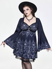 ROMWE EDITION Trang phục Halloween in hoa cửa sổ nhà thờ Dark Castle cỡ lớn tay loe - màu đen - Xem 7