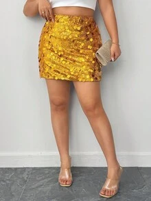 Elenzga Plus Size Shiny Sequin Skirt For New Year Holiday Party Clothes