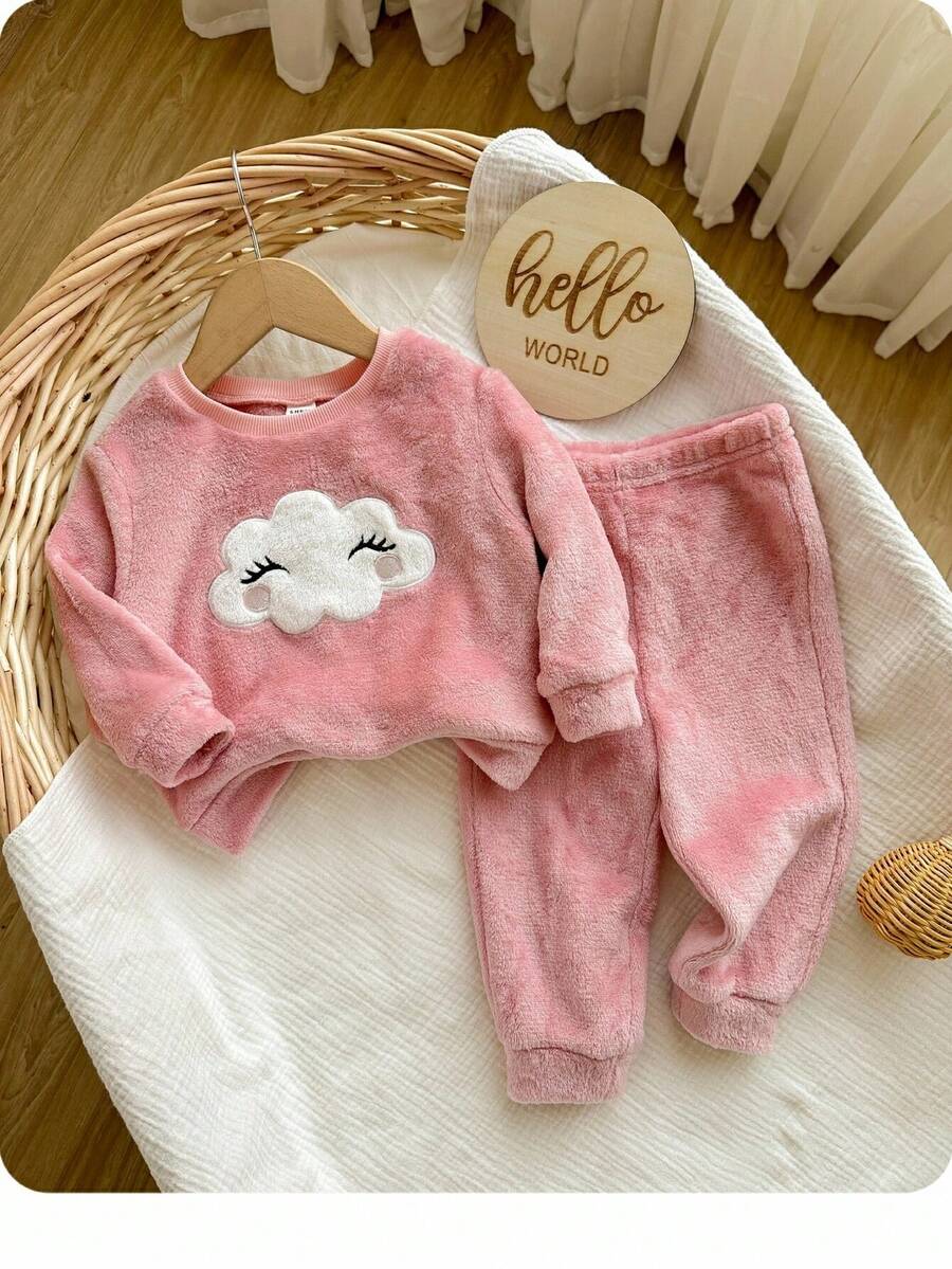 Babygirl Cute Cartoon Pattern Long Sleeve Sweatshirt And Pants Set, Autumn/Winter Fall - Pink - View 1