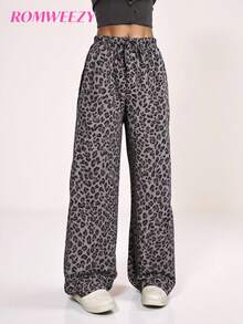 Sparklyn Teen Girls' Leopard Print Tie Waist Wide Leg Loose Casual Pants Fall Winter