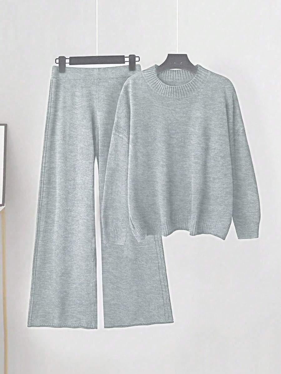 Linhara Setelan Pakaian Rumah Kasual Wanita Ukuran Besar, Leher Bulat, Bahu Longgar, Lengan Panjang, Sweater dan Celana Rajut, Musim Gugur/Dingin - Grey - View 1