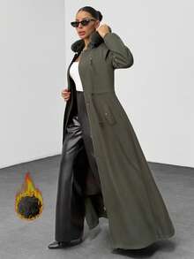 Khaki Long Hooded Parka With Faux Fur Trim - Khaki - View 1