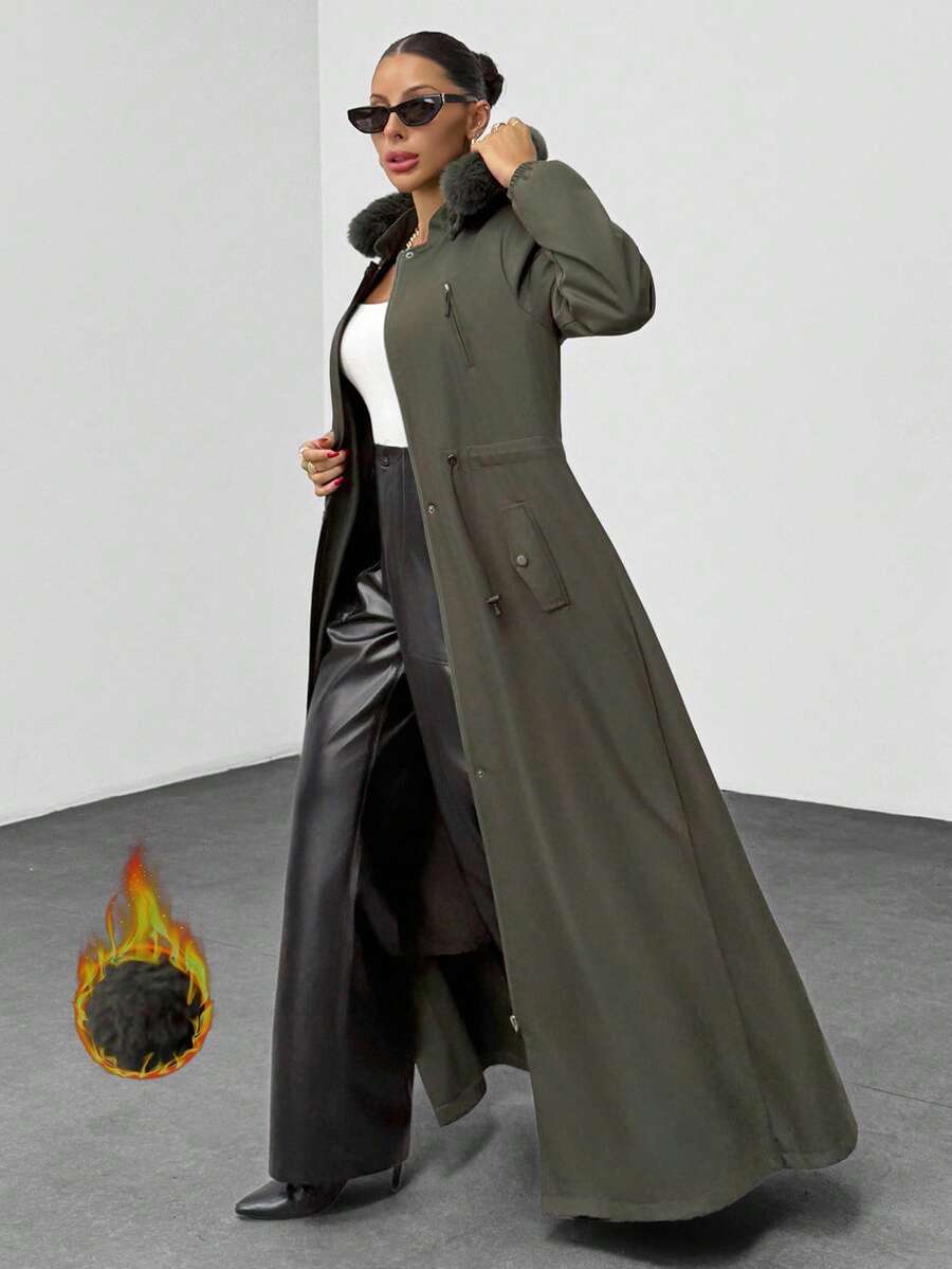 Khaki Long Hooded Parka With Faux Fur Trim - Khaki - View 1