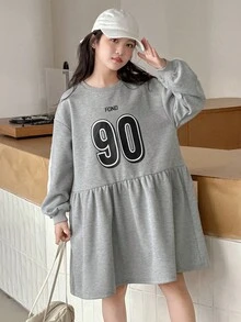 DAZY 青少年女孩休闲日常通勤数字和字母印花宽松罩衫连衣裙，春秋季 - 灰色 - 查看 2