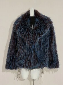 SHEIN ICON Y2K 女款海军蓝和棕色复古仿皮草大衣，时尚秋冬冬季大衣皮草大衣泰迪大衣 - 藍色 - 查看 6