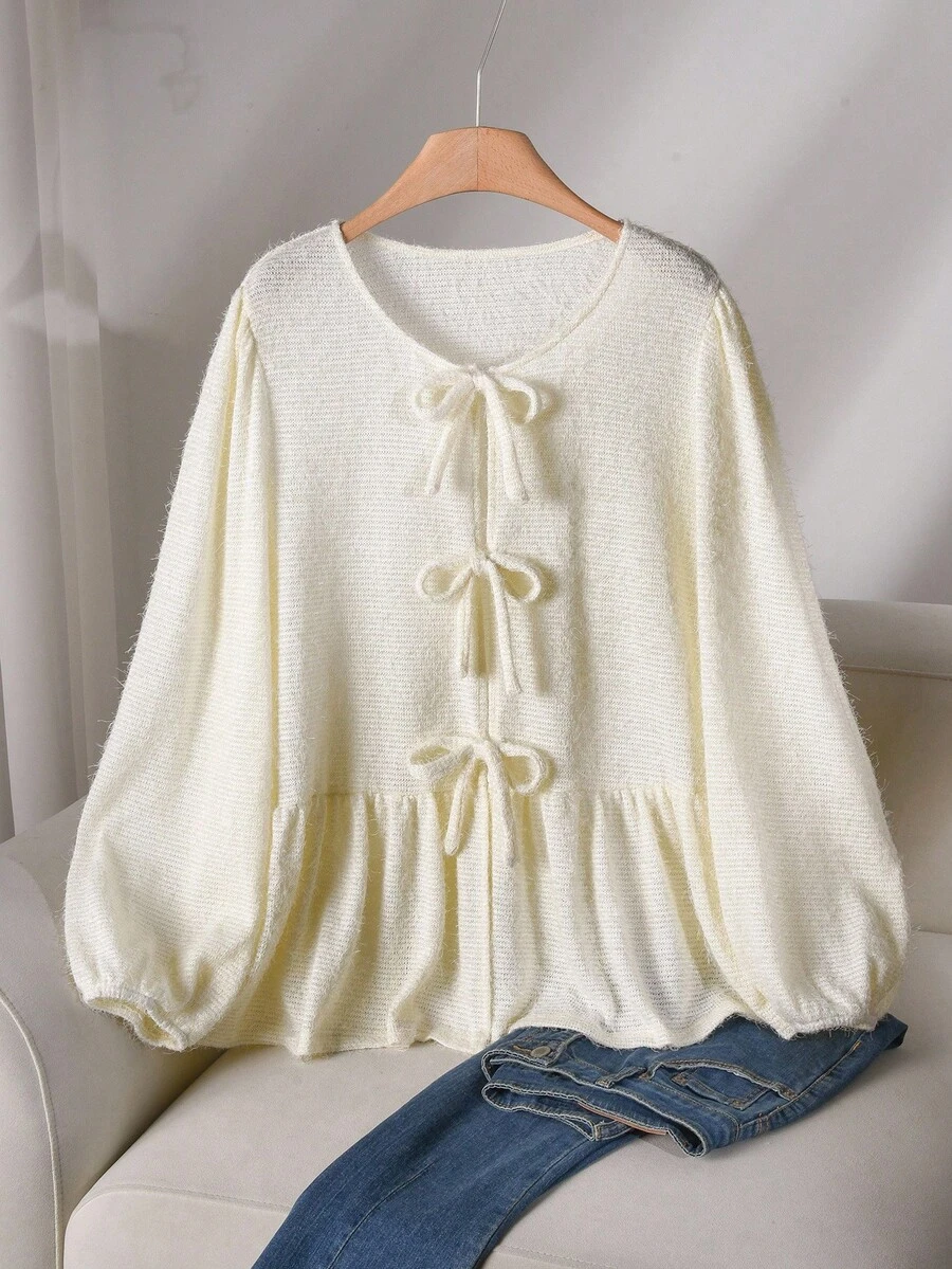 CosyJoli Große Größen Lässig A-Linie Babydoll Laternärmel Schleife Bluse für Damen/Herbst/Winter - Aprikosenfarben - Übersicht 1