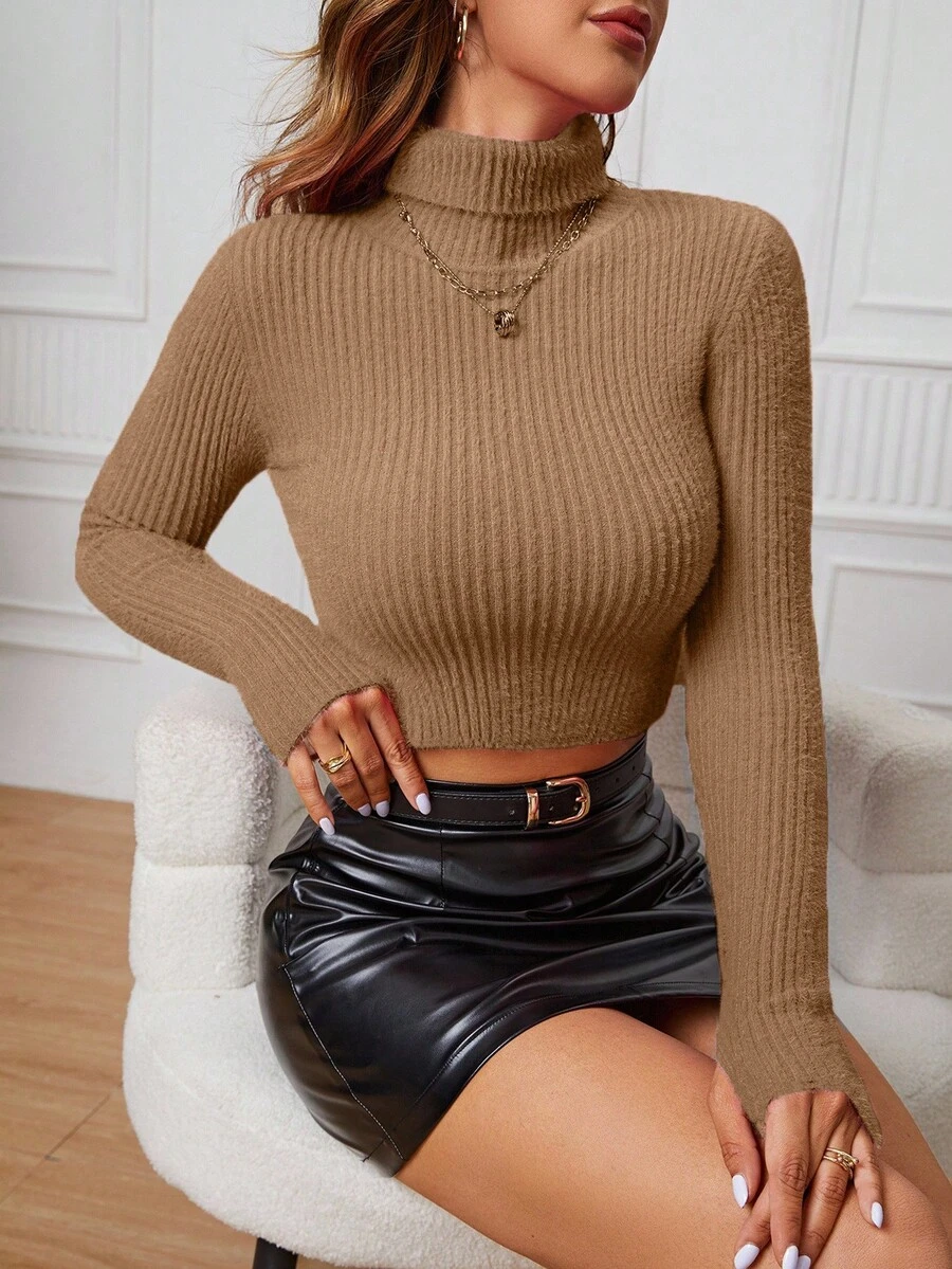 INAWLY 女式纯色高领插肩袖短款休闲套头衫 - 卡其色 - 查看 1