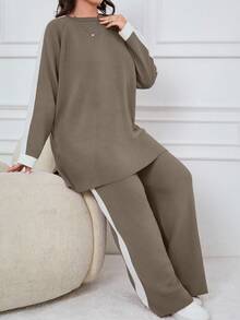 EURMUSE Sweater And Pants Two Pieces Set With Raglan Sleeve - Beige - View 4