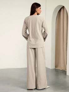 SHEIN Tall Women Autumn And Summer Elegant Leisure Vacation Commuting Office Old Money Lapel Waist Tie Loose Linen Shirt Jacket And High Waist Casual Trousers Khaki Two Pieces Suit Outfits,Graduation,Teacher Outfits For Women,Back To School, Fall Women Clothes, Old Money, Office Outfits - Khaki - View 2