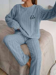 EURMUSE 2pcs Striped Fuzzy Fabric With Slogan Embroidery Detail Homewear PJ Set - Cadet Blue - View 3