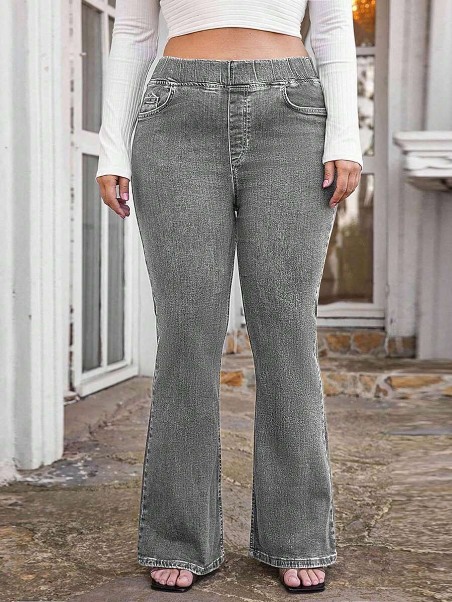 EURMUSE Quần jeans ống loe cạp cao, dáng ôm, giặt thường ngày cỡ lớn - Xám - Xem 1