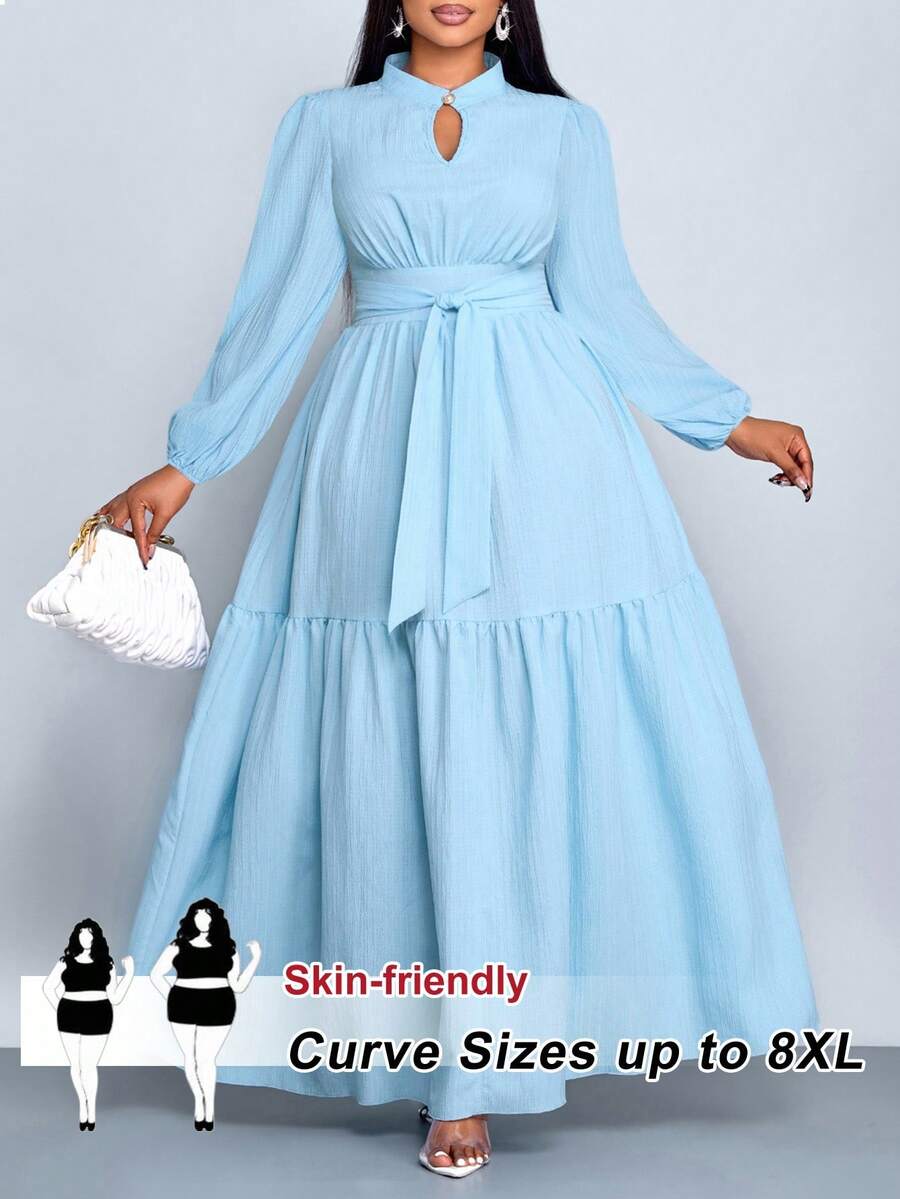 SHEIN CURVE+ 大码纯色女装宽松休闲立领前长袖收腰系带连衣裙女优雅休闲时尚通勤连衣裙秋冬新款 - 淺藍色 - 查看 1