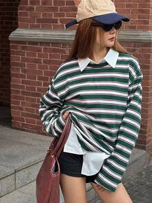 DAZY 少女休闲条纹印花长袖T恤 - 綠色 - 查看 5