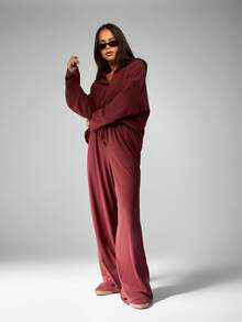 MISSGUIDED 奢华柔软触感阔腿 Palazzo 两件套套装，带半拉链领和兜帽，适合秋冬家居服休闲装 - 玫瑰紅 - 查看 3