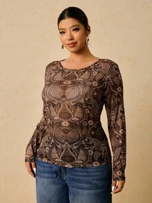 SHEIN VCAY Plus Size Casual Bohemian Geometric Print Brown Floral Pattern Round Neck Long Sleeve Fitted Knit Base Layer Top T-Shirt