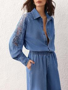 Selenza 女式撞色蕾丝长袖单排扣衬衫和牛仔裤休闲套装 - 藍色 - 查看 6