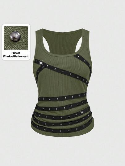 Grunge Punk Women's Sleeveless Backless Sexy Vest, Black, Studded, Rhinestone, Ribbon Decor, Suitable For Summer Beach, Graduation, Easter, Concert, Nashville Vacation, Music Festival, Rock