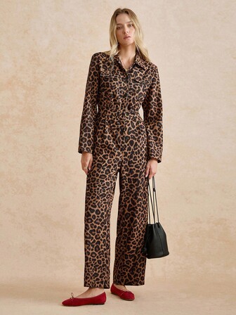 Écloséra Women's French Retro Leopard Print Brown Shirt Collar Buttoned Waist Jumpsuit Straight Jumpsuit Corduroy Fabric Spring Autumn Winter Stylefall Clothes For Women Autumn  Winter Winter Clothes For Women Winter Clothes  Christmas New Year  Party Graduation Prom Cosplay Elegant Casual Luxury Going Out  Winter Winter Clothes For Women Elegant Fashionable Casual Commuting Business Office Daily Leisure All-Match Temperament Urban Teacher Professional Attire