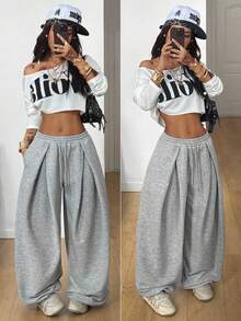 Coolane 女士秋冬街头服饰基本款日常外出休闲灰色宽松低腰卷边裤 - 灰色 - 查看 3