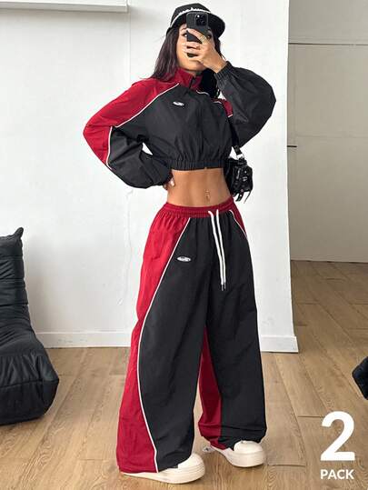 Coolane 女士和男士夏季演唱会街头服饰外出运动装撞色条纹纹理装饰裤和滚边短款黑色夹克，2 件