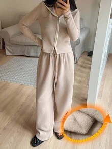 DAZY 女士极简主义毛绒针织撞色滚边抓绒水手领家居服套装（上衣+裤子），秋冬睡衣，舒适保暖，蓬松柔软 - 杏色 - 查看 3