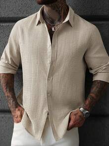 Manfinity CasualCool 男士纯色条纹提花休闲翻领长袖衬衫 - 杏色 - 查看 1